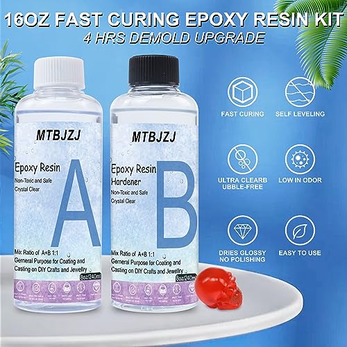 16OZ Quick Curing Epoxy Resin Kit - 4 Hrs Demold Upgrade - Clear & Bubble Free Epoxy - Fast Demold 1:1 Mix Resin - High Hardness for Art, Jewelry, MTBJZJ