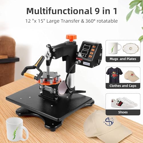 Heat Press Machine, 12 x 15 Inch, 9 in 1 Heat Press 800W Sublimation Machine, 360° Rotation Swing Away Shirt Printing Machine, Dual-Tube Heating for