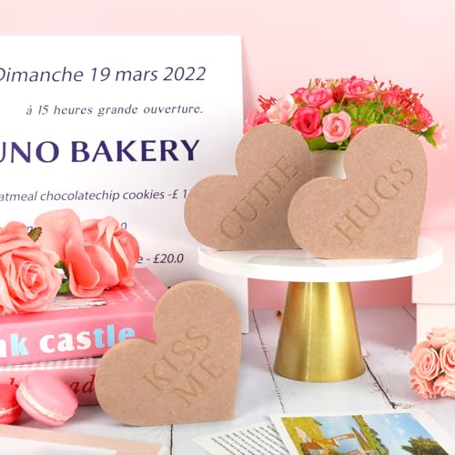 Whaline 6Pcs Valentine's Day Conversation Heart Table Wooden Sign Unfinished Love Heart Wood Slice Double-Sided Heart Tabletop Centerpiece for Whaline