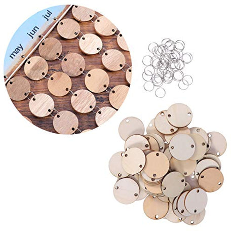 BESPORTBLE Family Tree Wall Decor Round Wooden Slices, 50Pcs Wooden Circles Wooden Round Tags with Holes and 12 mm Rings - DIY Calendar Accessories BESPORTBLE