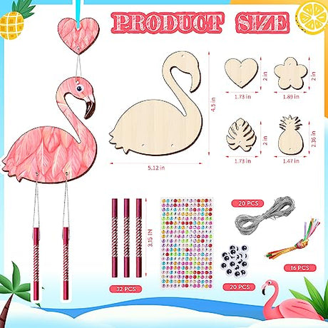 16 Pack Wind Chime Kits for Kids, Make Your Own Summer Flamingos Wind Chime DIY Coloring Heart Flower Pineapple Wooden Arts and Crafts Birthday Gifts TREACLUB