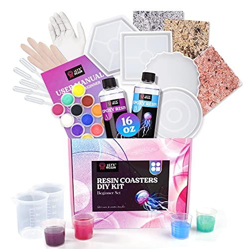 LET'S RESIN Epoxy Resin,Resin Coaster Molds Kit,16oz Resin Starter Kit for Beginners,Include Epoxy Resin,Coaster Molds, and Mica Powder for Resin - WoodArtSupply