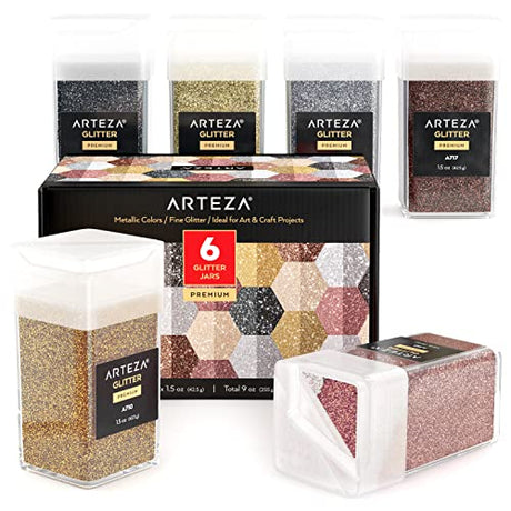 Arteza Fine Glitter, Set of 6, Metallic Glitter for Resin in 1.5-oz Bottles, Arts and Crafts Supplies for Art Class, After-School Programs, and ARTEZA
