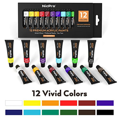 Nicpro Acrylic Paint Set, Kid & Adult Art Painting Party Kit, 2 Set of Acrylic Paint (12 Colors), 30pcs Paint Brushes,5 Canvas Panel,Wood Easel,3