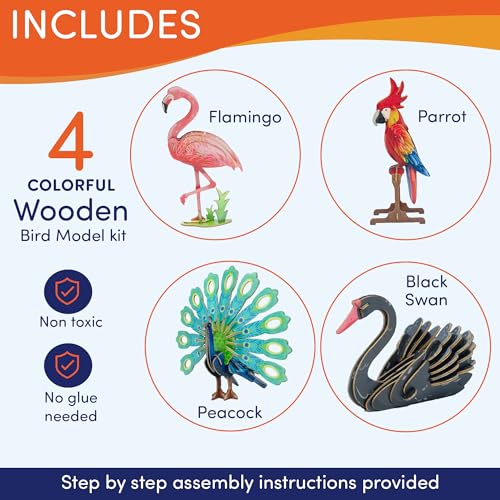 3D Wooden Puzzle – 4 Colorful Toy Birds for Kids Model Building Kits-Brain Teaser Puzzles Educational STEM Kits for Boys, Girls and Adults- DIY Wood