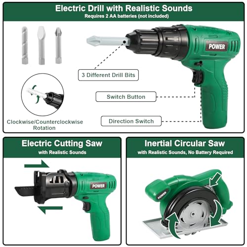 Vextronic Kids Tool Set 36 PCS with Electric Toy Chainsaw Drill Circular Saw with Realistic Sounds, Toy Tool Set for Toddlers 3 4 5 6 7 8, Pretend Vextronic