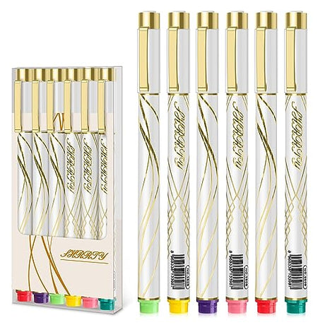 Colored Pens Bulk 6-Pack,Cute Noble Gold Line Penholder Pens,Colorful Pen Gel Pens,Waterproof Color Micro-Pen,White and Simple Fashion Style Smooth SHRRTY