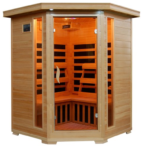 Blue Wave 3-Person Hemlock Corner Infrared Sauna w/ 7 Carbon Heaters,Brown Blue Wave