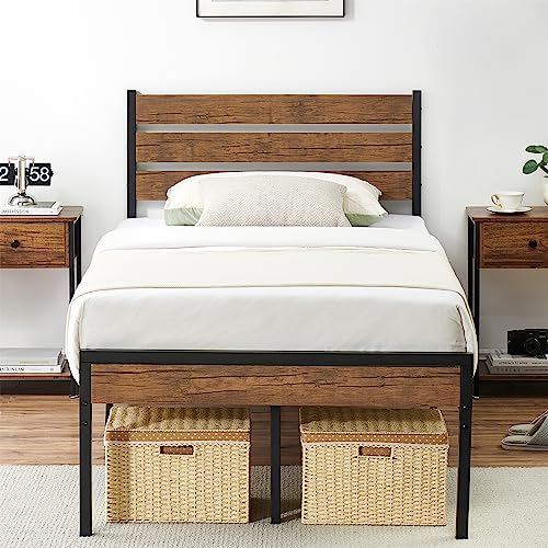 Rustic Vintage Twin Size Wood Platform Bed Frame with Metal Slat Support - WoodArtSupply