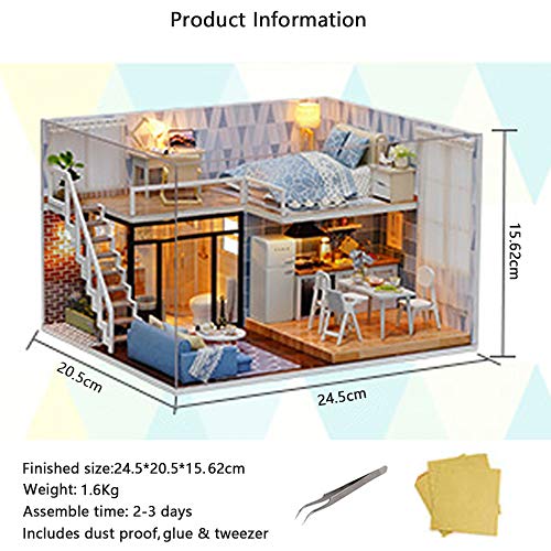 MAGQOO 3D Wooden Dollhouse Miniature DIY House Kit with Furniture,1:24 DIY Dollhouse Kit Dust Proof Included (Blue Times) MAGQOO