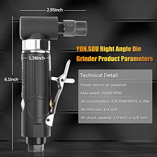 YON.SOU. Air Die Grinder - 1/4", Right Angle, 20,000 RPM, Pneumatic Power, Safety Lock, 90 Degree, Mini, Angle Die Grinder for Grinding, Polishing, YON.SOU.