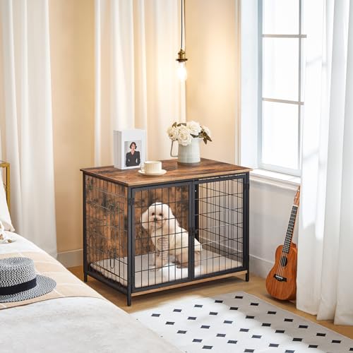 MAHANCRIS Dog Crate Furniture with Cushion, 31.5" Wooden Heavy Duty Dog Kennel with Double Doors, Indoor Dog House End Table, Dog Cage for Small - WoodArtSupply