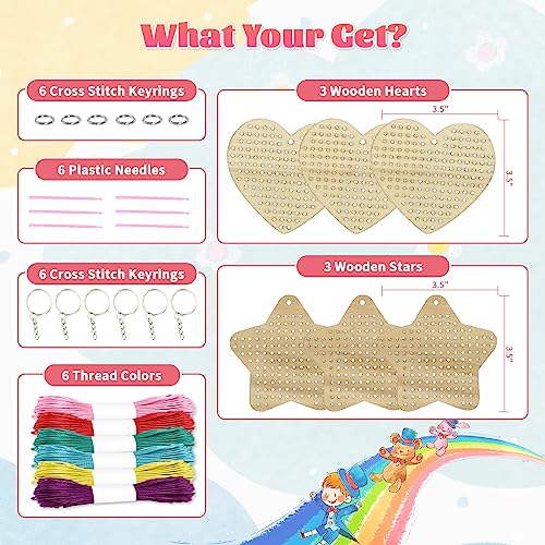 VKPI Wooden Cross Stitch Kits for Kids, Make Your Own 6 Cross Stitching Keyrings, Wood Sewing Kit, Arts & Crafts Stars, Hearts Ornaments, Plastic VKPI
