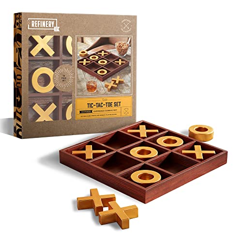 Refinery & Co. Premium Solid Wood Tic-Tac-Toe Board Game, Giant Gold 14” Coffee Table Home Decor, Classic Indoor/Outdoor Party Game for Children & Refinery