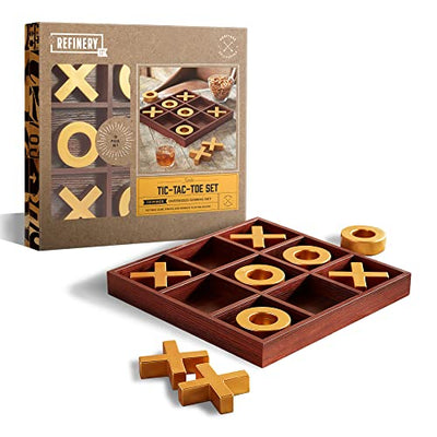 Refinery & Co. Premium Solid Wood Tic-Tac-Toe Board Game, Giant Gold 14” Coffee Table Home Decor, Classic Indoor/Outdoor Party Game for Children &