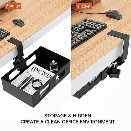 Gaxomo 2 Pack Clamp-on Side Desk Swivel Organizer, Under Desk Hidden Storage Drawer with Cable Hole, Hanging Desk Rotated Metal Basket for Extender Gaxomo