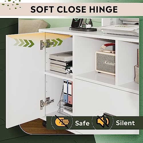 DEVAISE File Cabinet with Charging Station, 1 Drawer Rolling File Cabinet, Locking Filing Cabinet for Home Office, Printer Stand with Storage, White DEVAISE