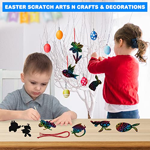 Easter Scratch Art for Kids Bulk, Set of 48 Scratch Art Ornaments, Wooden Stick, & Ribbon, Easter Craft Kit, Unique Teen Easter Basket Stuffers, Cool ArtCreativity