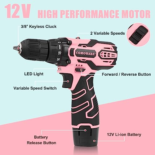 COMOWARE Cordless Drill Set, 12V Power Drill, Pink Drill Set for Women, 1 Battery & Charger, 3/8" Keyless Chuck, 2 Variable Speed, 0-450 & 0-1500 COMOWARE