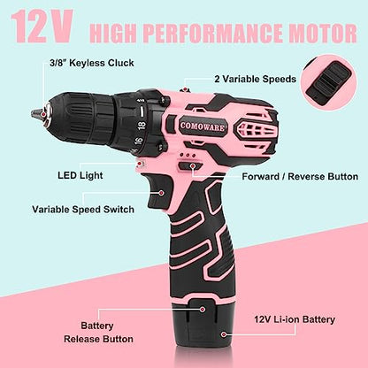 COMOWARE Cordless Drill Set, 12V Power Drill, Pink Drill Set for Women, 1 Battery & Charger, 3/8" Keyless Chuck, 2 Variable Speed, 0-450 & 0-1500