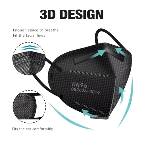 LEMENT 50pcs KN95 Face Mask Black 5 Layer Cup Dust Safety Masks Filter Efficiency≥95% Breathable Elastic Ear Loops Black Masks LEMENT