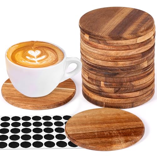 16 Pieces Unfinished Wood Coasters, 4 Inch Round Acacia Wooden Coasters for Crafts with Non-Slip Silicon Dots for DIY Stained Painting Wood Engraving Aweyka