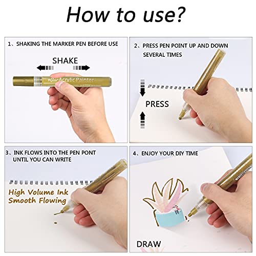 VHEONET Acrylic Paint Pens, 12 Pack (3 Black 3 White 3 Gold 3 Silver) 3mm Permanent Painting Markers DIY Craft for Rock Ceramic Glass Wood Plastic VHEONET