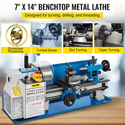 BestEquip Metal Lathe 7x14inch Precision Bench Top Mini Metal Lathe 550W Precision Metal Lathe Variable Speed 50-2500 RPM Nylon Gear with A Movable