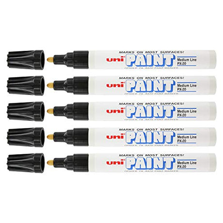 Uni-Paint Oil Based Paint Marker 5 Pens Bundle Set Multi surface Marking Pen PX-20 Medium Point Black Colour Quik Drying Ink Water and Fade Resistant Uni-ball