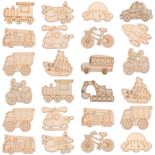 SEWACC 50pcs Truck Unfinished Wood Slices Unpainted Cutout DIY Blank Car Vehicle Bicycle Excavator Helicopter Wooden Ornaments Cutout to Paint (Mixed SEWACC