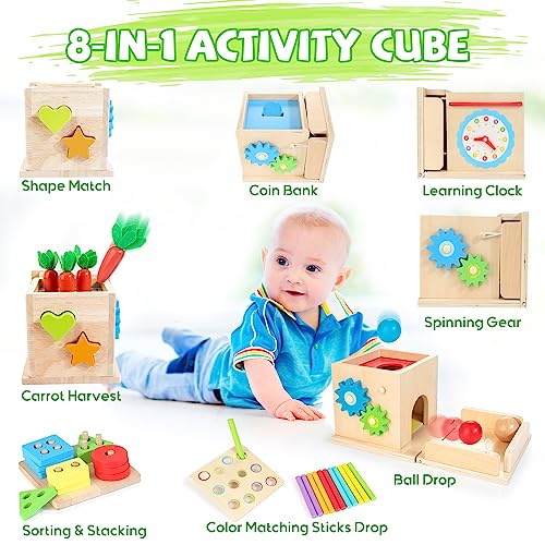 JUSTWOOD Montessori Toys for 1+ Year Old, 8-in-1 Wooden Play Kit Includes Object Permanent Box, Learning Activity Cube, Sorting & Stacking Toy, JUSTWOOD
