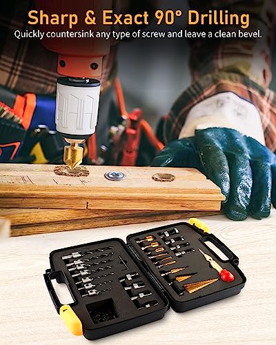 ZORUNNA 34 Pcs Woodworking Chamfer Drilling Tools Including 6 Countersink Drill Bit Set, 7 Countersink Drill Bit, 8 Plug Cutters for Woodworking, 3 ZORUNNA