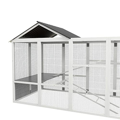 PawHut Wooden Chicken Coop Run for 6-10 Chickens, Hen House Add-On with Storage, Perches, 141.75" x 48" x 61", Gray - WoodArtSupply