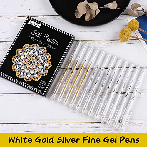 Dyvicl White Gold Silver Gel Pens, 0.8 mm Fine Point Pens Gel Ink Pens for Black Paper Drawing, Sketching, Illustration, Adult Coloring, Journaling, Dyvicl