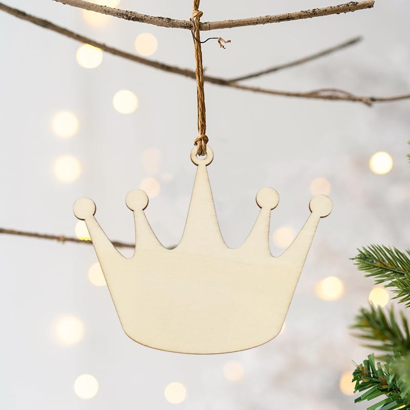 32 Pack Wood Crown Cutouts Unfinished Wooden Crown Hanging Ornaments DIY Crown Craft Gift Tags for Thanksgiving Christmas Home Party Decoration Craft