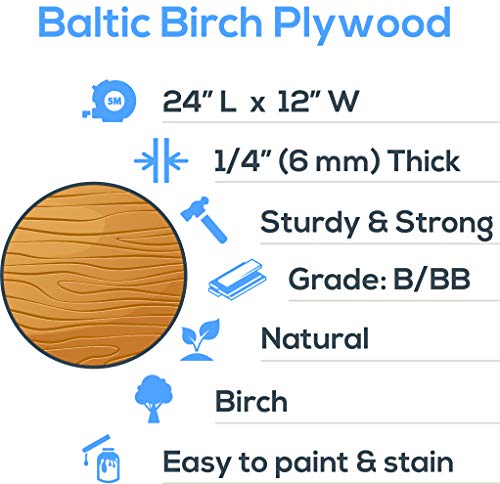 Baltic Birch Plywood, 6 mm 1/4 x 12 x 24 Inch Craft Wood, Box of 6 B/BB Grade Baltic Birch Sheets, Perfect for Laser, CNC Cutting and Wood Burning,