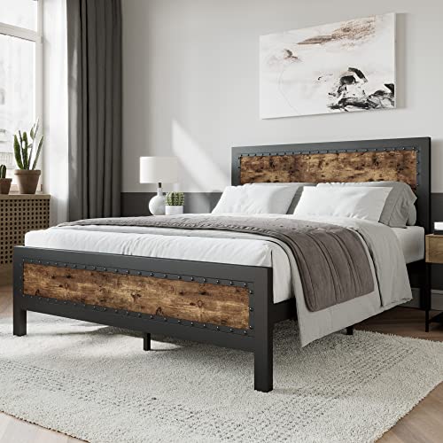 Industrial Grey Metal Queen Bed Frame with Rivet Headboard - SHA CERLIN SHA CERLIN