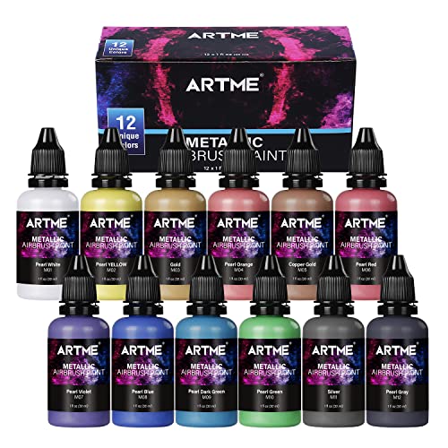 ARTME Airbrush Paint, 12 Metallic Colors Airbrush Paint Set Opaque & Water Based Acrylic Metallic Airbrush Paint, Ready to Spray, Leather & Shoe Artme