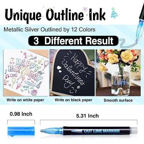 AKARUED Outline Shimmer Markers Set: Self Outline Metallic Marker Glitter Pens Set, 12 Colors Double Line Pens Fancy Markers for Kids Ages 8-12 AKARUED