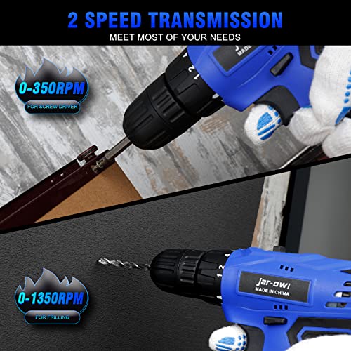 Jar-Owl 21V Cordless Drill, 350 in-lb Torque, 0-1350RMP Variable Speed, 10MM 3/8'' Keyless Chuck, 18+1 Clutch, 1.5Ah Li-Ion Battery & Charger for jar-owl