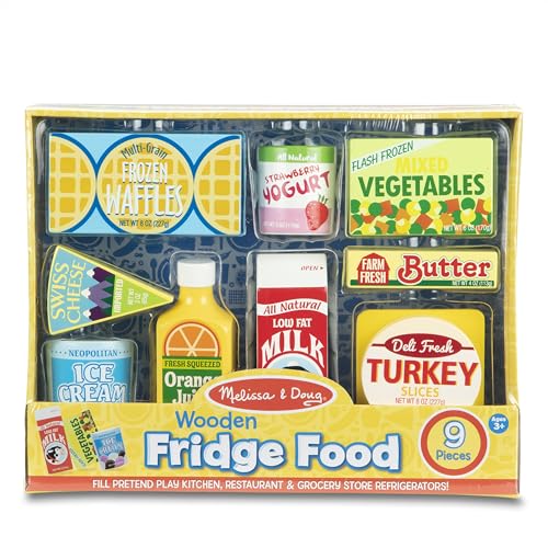 Melissa & Doug Fridge Food Wooden Play Food Set (9 pcs) - Pretend Play Kitchen Accessories, Play Food Sets For Kids Kitchen, Wooden Play Grocery Sets