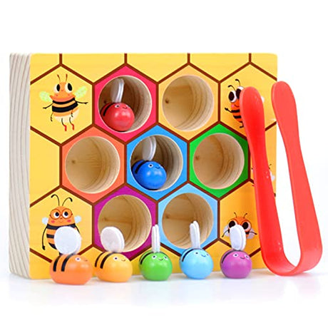 WOOD CITY Toddler Fine Motor Skills Toys, Bee to Hive Matching Game, Wooden Color Sorting Toy for Toddler 2 3 Years Old, Montessori Preschool WOOD CITY