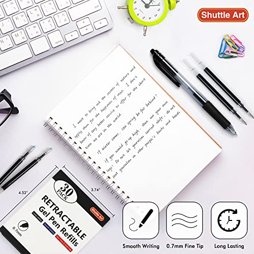Retractable Gel Pen Refills, Shuttle Art 30 Pack Black Rollerball Gel Ink Pens Refills, Bulk Set, 0.7mm Fine Point for Writing Journaling Taking Shuttle Art