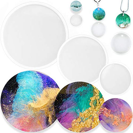Round Coaster Resin Epoxy Silicone Molds 6-Bundle 2 Disc Circle Tray with Hole Jewelry Casting Necklace Pendant Keychain Charms FUNSHOWCASE