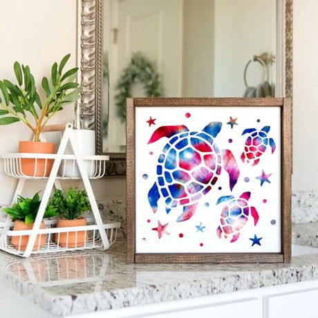 Ocean Stencils for Painting On Wood Turtle Seahorse Starfish Jellyfish Templates for Art Crafts Plastic Reusable Wood Burning Stencils for Wall Pkqon