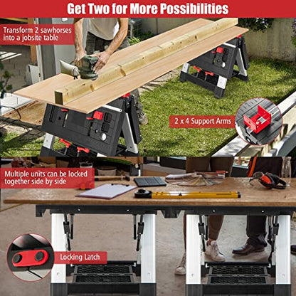 Goplus Portable Workbench, Folding Work Table & Sawhorse with Adjustable Height, 440LBS/1000LBS Capacity, Clamps, 2 x 4 Support Arms, Tool Tray,