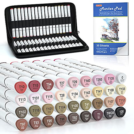 Shuttle Art 36 Colors Skin Tone&Hair Art Markers, Dual Tip Alcohol Based Marker Pen Set Contains 1 Blender 1 Carrying Case 1 Marker Pad Perfect for Shuttle Art