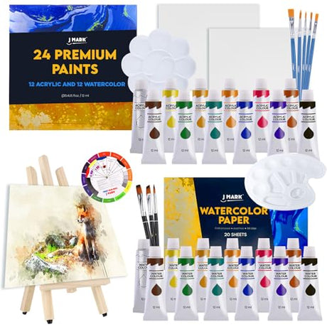 J MARK Acrylic & Watercolor Painting Kit – Complete Painting Set with Watercolor Kit, Acrylic & Watercolor Paint Tubes, Wood Easel, Watercolor Paper, J MARK
