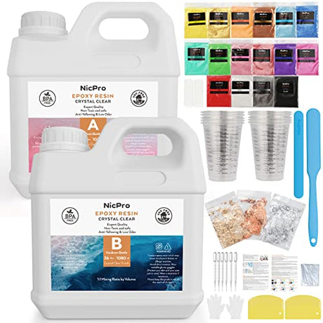 Nicpro 72OZ Crystal Clear Epoxy Resin Kit, Casting and Coating Resin Supplies for Craft Tabletop, Jewelry Making, Molds, Art Painting with 16 Mica Nicpro