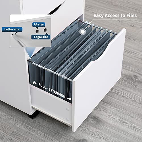 QDSSDECO 3 Drawer Mobile File Cabinet, Rolling Vertical Filing Cabinet fits A4, Legal Paper and Letter Paper for Home Office, White QDSSDECO